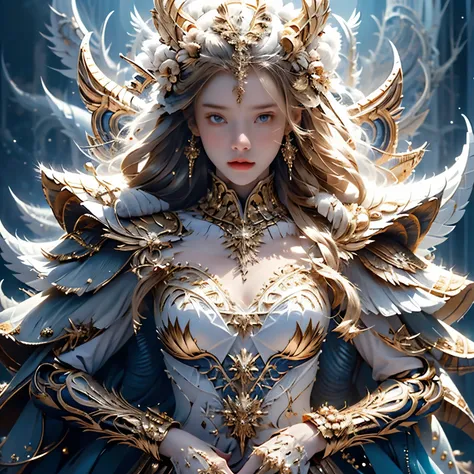 (8k RAW Photo, full body photograph, sharp detail, crisp detail, high detail, 17 years old girl, medium breast, ideal body, full body photograph), anya geraldine, anya_geraldine, evil ice goddess, sexy golden armor, full decorated golden armor,