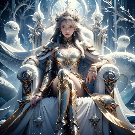 (8k RAW Photo, full body photograph, sharp detail, crisp detail, high detail, 17 years old girl, medium breast, ideal body, full body photograph), anya geraldine, anya_geraldine, evil ice goddess, sexy golden armor, full decorated golden armor,sitting on t...