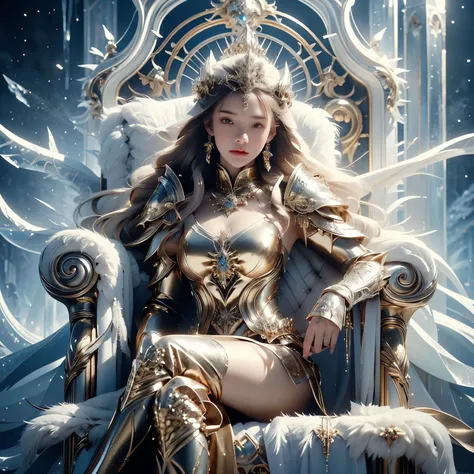 (8k RAW Photo, full body photograph, sharp detail, crisp detail, high detail, 17 years old girl, medium breast, ideal body, full body photograph), anya geraldine, anya_geraldine, evil ice goddess, sexy golden armor, full decorated golden armor,sitting on t...