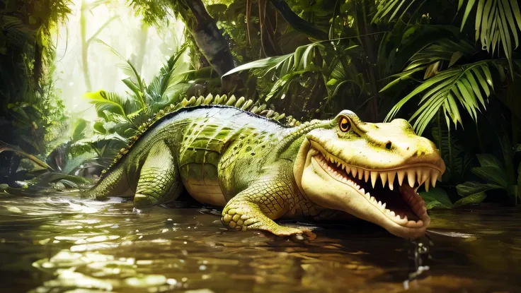 photorealistic, crocodile in the jungle water, detailed skin, detailed eyes, overgrown with grass and trees, masterpiece, best q...