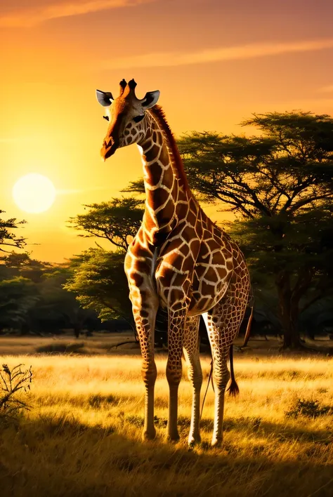 photorealistic, giraffe on savannah grassland, dappled skin, detailed eyes, grass and trees, masterpiece, best quality, orange s...