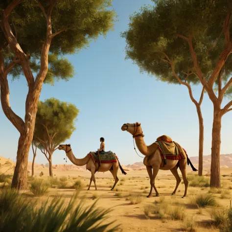 Photorealistic, Camel walking with load in the desert, detailled skin, detailed eyes, overgrown with grass and trees, masterpiece, best quality,. 