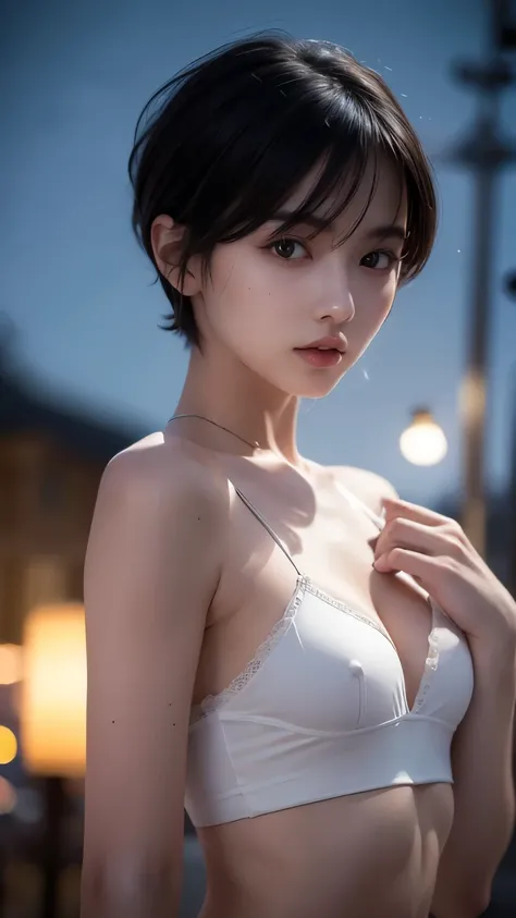 (,Street lamp,moon),masterpiece, An anorexic woman in underwear, Solo Exhibitions, Beautiful woman with small breasts,Beautiful Goddess Portrait, Beautiful and elaborate face, Porcelain-like skin, (((Full Shot,center, night, Black Hair, short hair)), Very ...