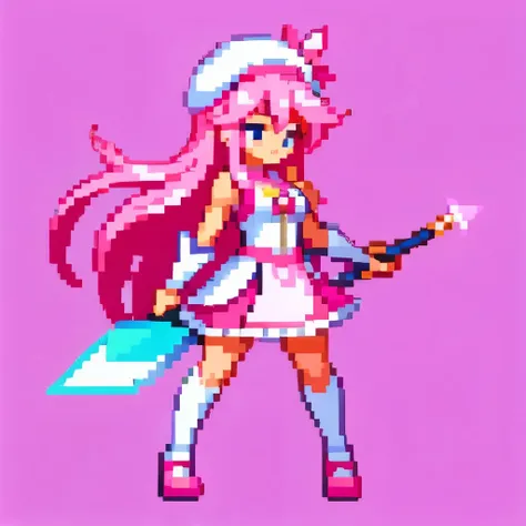 pixel art, 6-life, full body, facing left, pink and white, holding a spear, magical girl, beret, long hair, loose and fluffy , s...