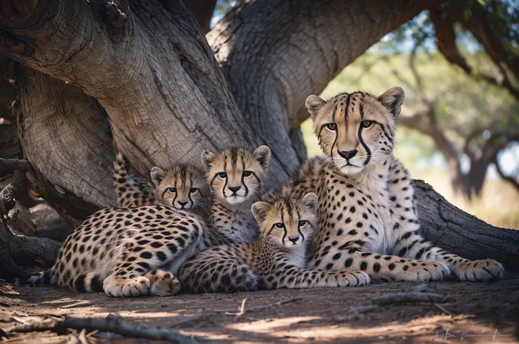 a breathtaking wildlife photograph captures a mother cheetah and her cubs resting peacefully together under the shade of a large...