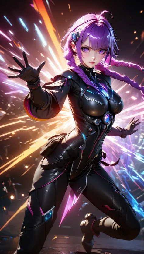 (best quality,4k,8k,highres,masterpiece:1.2),ultra-detailed,professional,vivid colors,bokeh,illustration,1 girl，solo，beautiful， yinji , anatomical correct:2, twin braids, purple hair，hair ornament, gloves, ahoge，low-tied very long hair， purple eyes,soft li...