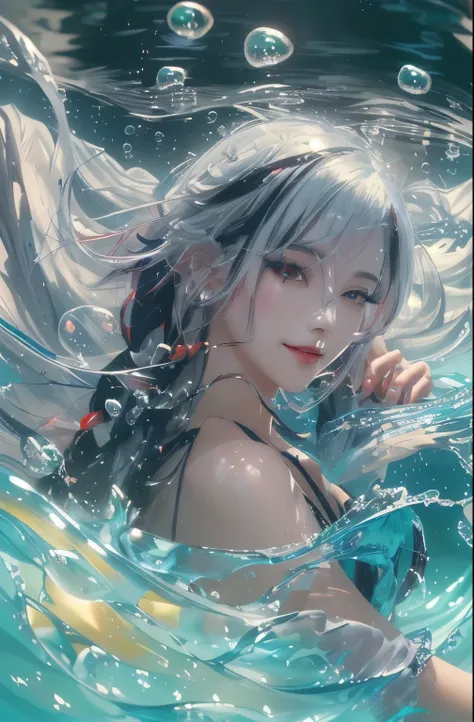 hd，masterpiece，high resolution，white hair,black hair,colorful hair,straight hair,long braids,red eyes,red x pupils,flowingwaters...