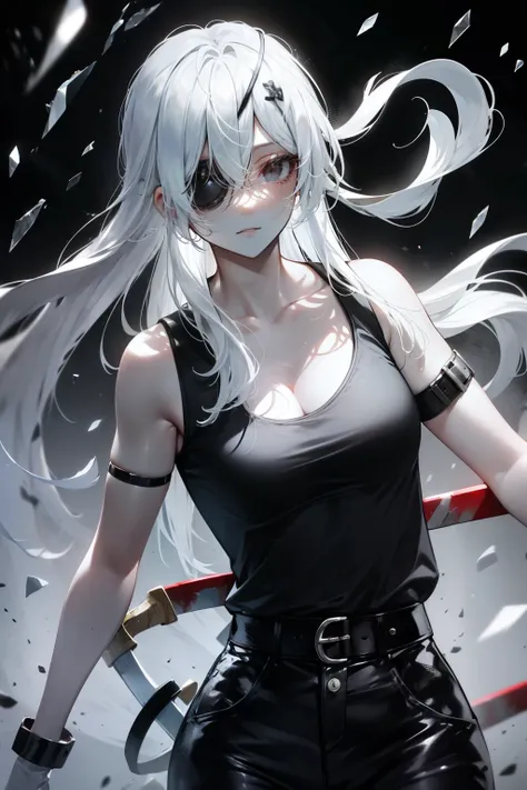 High quality, high detail, beautiful, beautiful face, white skin, sleepy eyes, black eyes, calm facial features, black eyepatch on the left eye, medium-length silver hair, slim, athletic body, black shirt with cut-off sleeves،Black pants, three swords at h...