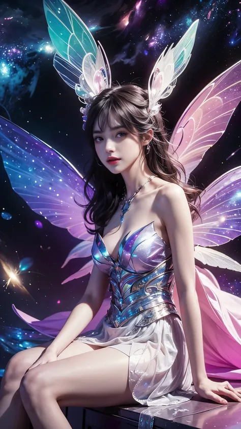 4k ultra hd, masterpiece, a girl, good face, detailed eyes, detailed lips, flower fairy girl, big wings, transparent wings, neon...