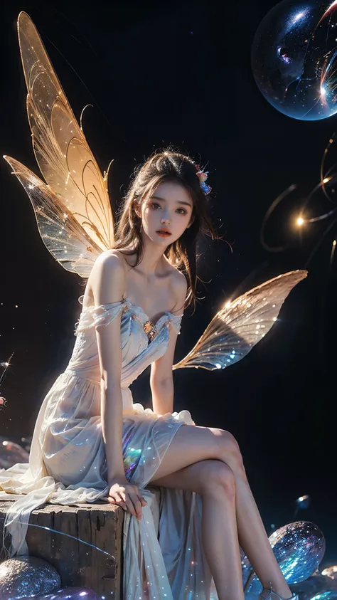Bare shoulders, short hemlines, 4k ultra hd, masterpiece, a girl, good face, detailed eyes, detailed lips, flower fairy girl, big wings, transparent wings, neon lights, (galaxy background:1.5), in the heaven, sitting on the unicon,
