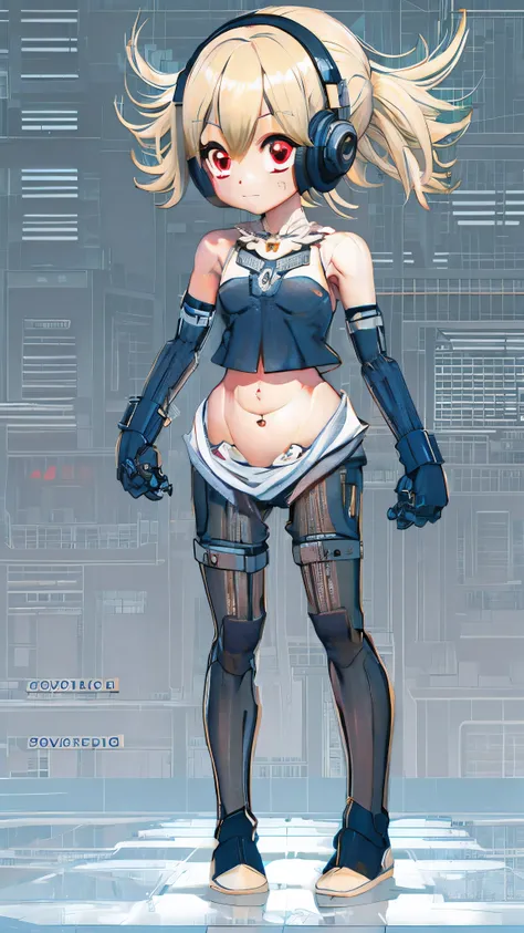 Killer robot disguised as Japanese elementary school，Full body portrait，No expression, no reaction, eyes dull，expressionless face，Seriously，Vibrant fair complexion，smooth skin，bright red eyes，Dark blue full-cover cat ear headphones，Dark blue swimsuit，Dark ...