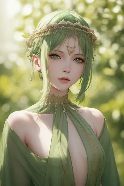 (Best quality, 4 k, High quality, Masterpiece :1.2), super detailed, realistic, green eyes, long eyelashes, smooth pale skin, short yellowish hair, subtle headwear, young, 18 years old, Ancient Greek costume, portrait, green color palette, soft lighting. U...