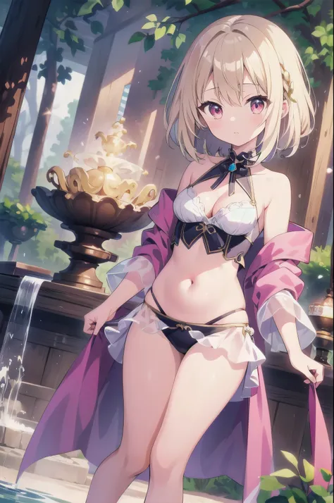 (masterpiece)、(highest quality)、(Super Detail)、(Best Anatomy)、Official Art, One Girl, Light-colored hair, , Fairy , See-through robe, Small breasts, Cleavage, Off the shoulder, Underbust, Focus on the thighs, Belly button, Deep Forest Fountain