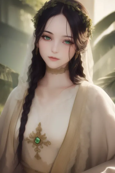 (Best quality, 4 k, High quality, Masterpiece :1.2), super detailed, realistic, green eyes, long eyelashes, smooth white skin, long black hair, young, 18 years old, Ancient Greek costume, portrait, female, soft lighting. Upper body: The upper part of the b...