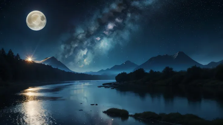 Painting of a river with stars and moon floating in the sky, Concept art inspired by Mitsuoki Tosa, pixiv Contest Winner, highest quality, Fantasy art, Beautiful anime scene, Bright Moon, Moonlight and Starry Sky Environment, Dream painting, Anime Backgrou...