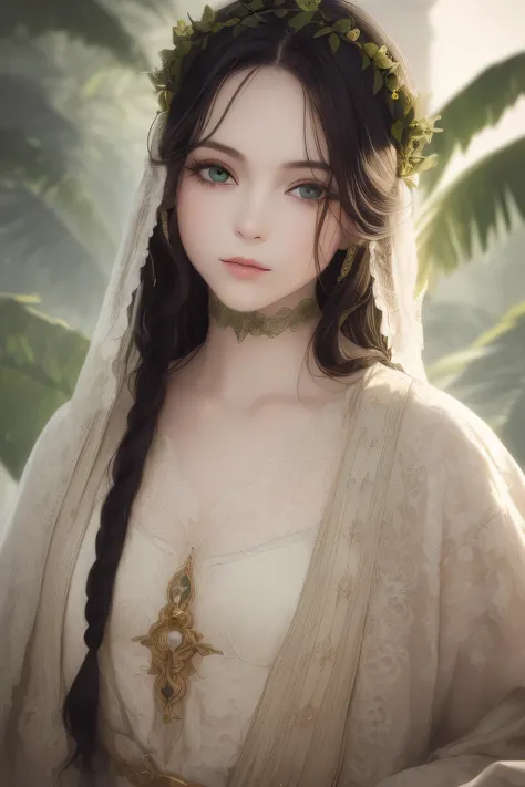 (Best quality, 4 k, High quality, Masterpiece :1.2), super detailed, realistic, green eyes, long eyelashes, smooth white skin, long black hair, young, 18 years old, Ancient Greek costume, portrait, female, soft lighting. Upper body: The upper part of the b...