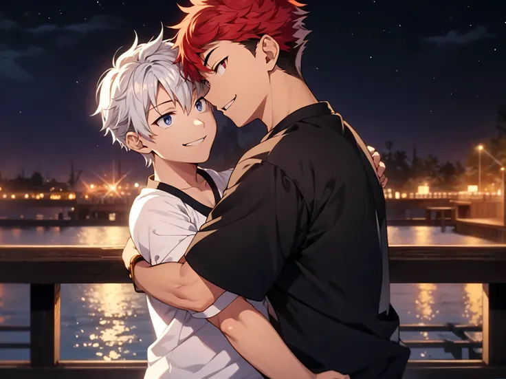 (detailed eyes),detailed skin,(masterpiece,best quality:1.4),Top Quality,High quality,Ultra detailed,insanely detailed,anime style,2 boy,silver hair and red hair,hug,eye contact,smile,from front,short sleeve shirt,night view,ship deck