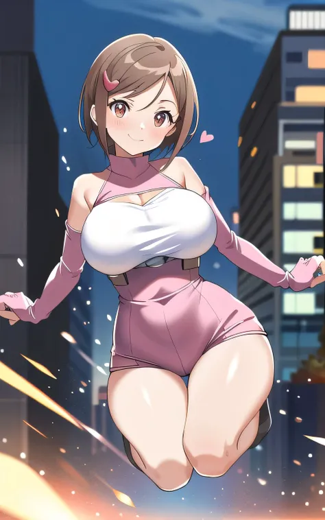 gigantic breasts, bouncing breasts,cleavge hearts cutout,city background,shy,cute smile,brown short hair.long pink gloves,running