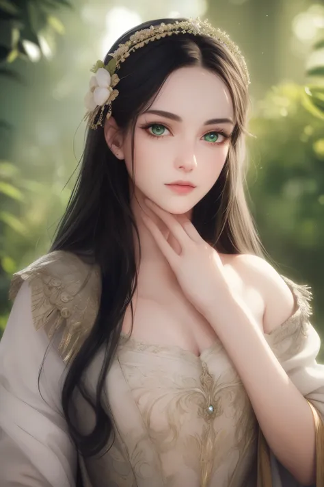 Best quality, 4 k, High quality, Masterpiece :1.2), super detailed, realistic, green eyes, long eyelashes, smooth white skin, long black hair, young, 18 years old, Ancient Greek costume, portrait, female, soft lighting. Upper body: The upper part of the bo...