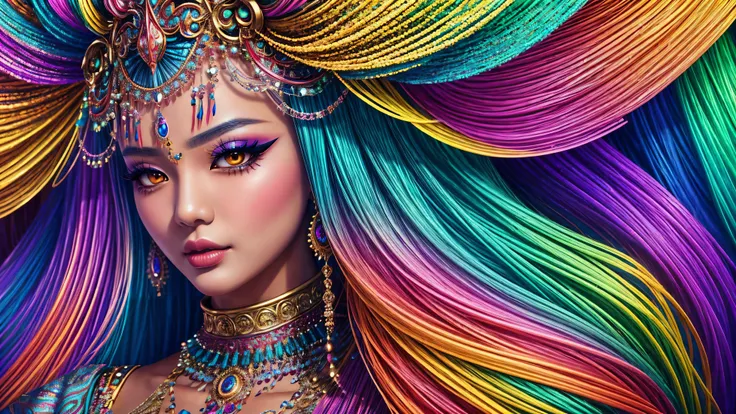 close-up of a woman wearing a colorful headdress and makeup., colorfull digital fantasy art, exquisite digital illustration, psy...