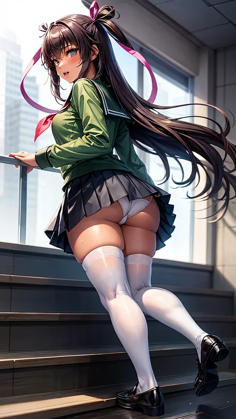 highest quality,masterpiece,8k,1girl,medium breasts,orgasm,blush, sweat,mini skirt,lift skirt,upskirt,white panties,Mizuki Yukikaze,hair ribbon, green shirt, serafuku, white neckerchief, long sleeves, pleated skirt, black skirt, black thighhighs, loafers,(...