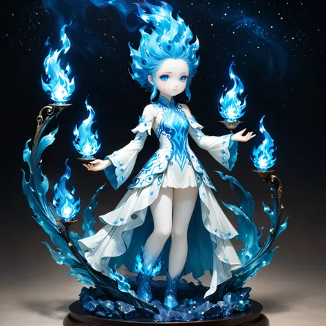 surrealist style,(depicting (((blue fire))) Elemental figurine designed:1.2),character design by Liu Ye,Edwin Austin Abbey,
 BREAK
 long white hair,white eyes,white clothes, Flame between eyebrows，
BREAK
smooth Metal base，(pose:1.4),（Starry sky background：...