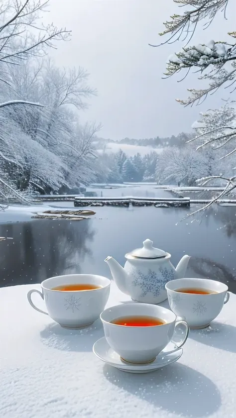 a cup of hot tea, snow, porcelain tea cup, swirling steam, exquisite tea, frost covered winter landscape, comfortable atmosphere...