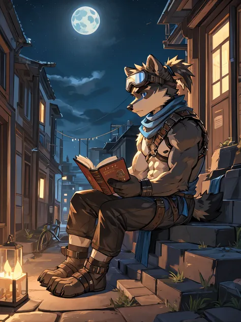 teen furry, furry, teenager, raccoon, grey body, long brown spiked_ponytail, detailed eyes, Detailed body fur, long blue scarf, leather_harness, blue_loincloth, goggles, masterpiece, gray body, Detailed face, big eyebrows, blue eyes, detailed eyes, No musc...