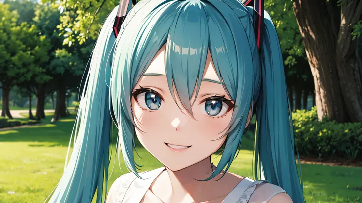 Two-dimensional characters、Hatsune Miku、Twin tails、smile、Traveling、Background of nature