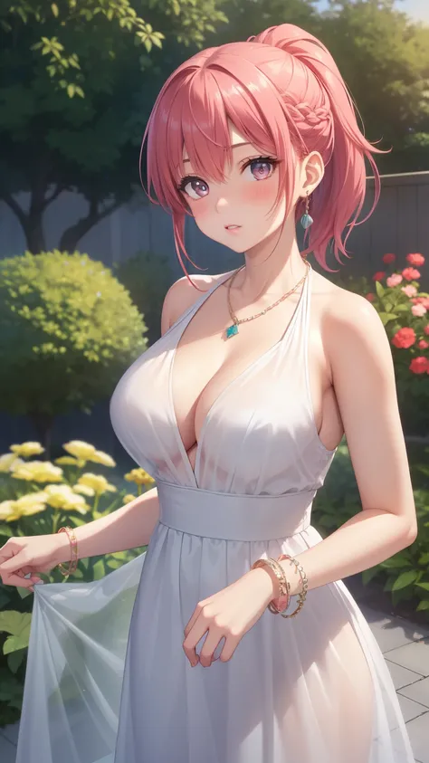 1girl, natural lighting, masterpiece, highly detailed, illustration, game CG, absurdres, high quality, aichan, large breasts, beautiful detailed eyes, medium bright pink hair, ponytail, bangs, glossy lips, nervous, blush, garden, see-through halter top dre...