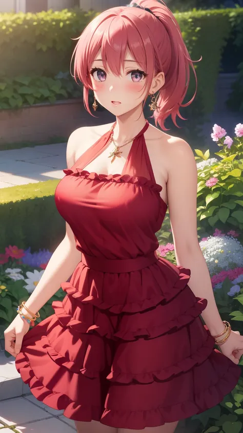 1girl, natural lighting, masterpiece, highly detailed, illustration, game CG, absurdres, high quality, aichan, large breasts, beautiful detailed eyes, medium bright pink hair, ponytail, bangs, glossy lips, nervous, blush, garden, see-through halter top dre...