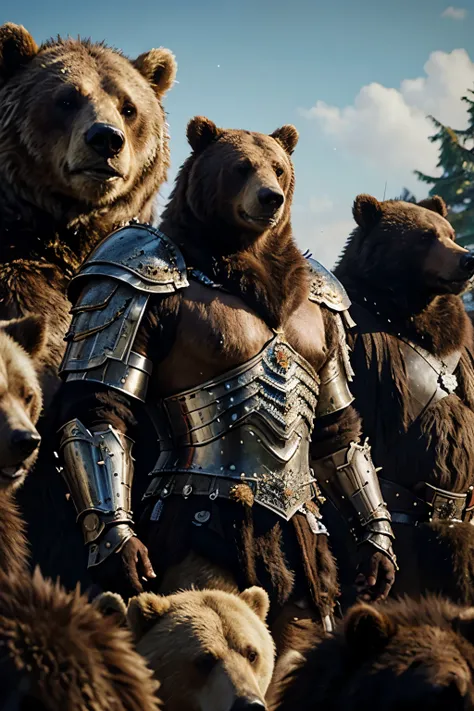 realistic art of a bear king wearing regal armour commanding an army of animals