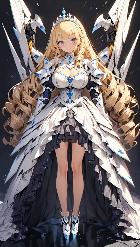 masterpiece, best quality, extremely detailed, high resolution, Japanese anime,1girl,blonde hair, (medium length hair:1.4),  (blunt bangs:1.5), side braid hair, curly hair, wavy hair, drill hair, curl outward hair, (huge breast:1.2), (mechanical horn:1.5),...