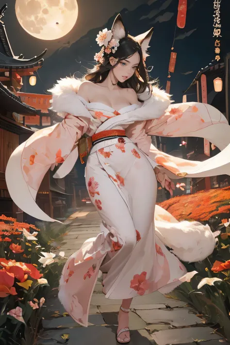 Masterpiece, Best Quality, ((head, hands and feet in frame)),( full body picture),1girl,fit,athletic, small breasts, picture of a stunning beautiful beeing from japanese folklore kitsune, a mystic woman with beautiful defined body unnatural long black hair...