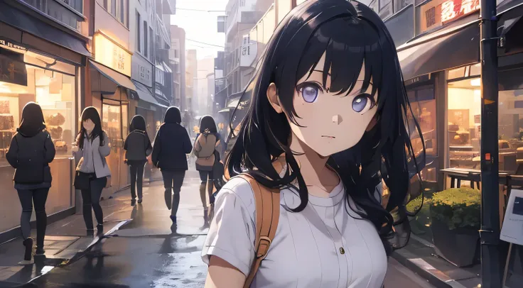 city street。stroll。cute older sister。night。blue moment。anime style。gentle lines。upper body。front。looking at the camera。casual cl...