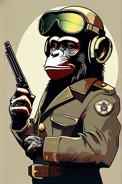 Anthropomorphic monkey wearing a war helmet, carrying a firearm, smoking a cigar, glasses, headset, original image, original quality, soft colors, war background,