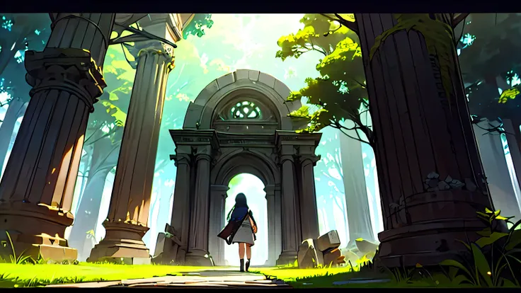 anime、Ancient ruins hidden in a mysterious forest、Moss-covered stone arch、Pillars of mystical symbols、A fascinating and historic setting surrounded by nature、One Girl、Adventurer