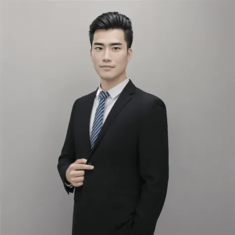 A well-groomed Asian man in a black suit, wearing a tie, striking a pose and taking a professional headshot. The man has a handsome face with a clean-shaven appearance. He has neatly combed hair and is looking directly at the camera with a confident expres...