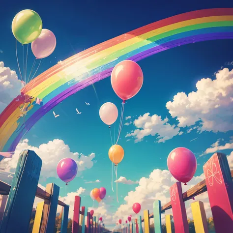 A background painting of colorful balloons flying into the blue sky to commemorate the 1st anniversary, with a large rainbow over it, no people, just the background.