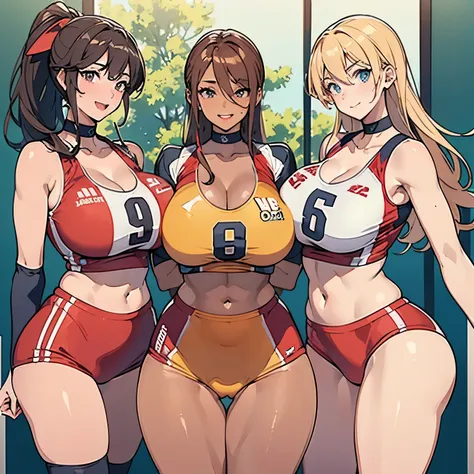 best quality, 4k, masterpiece, ultra-detailed, studio lighting, cheerful, vibrant expression, ((sexy volleyball player trio lined up)), gigantic breasts, cleavage of the breast, a blond, teats, thighs thighs thighs thighs, red uniform, very small uniform, ...