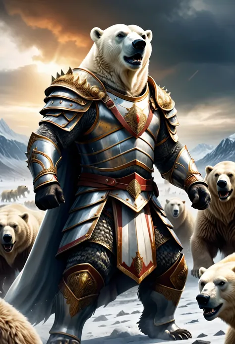 (a brave polar bear king in regal armor, wearing a royal coat,leading an army of animals into battle on a battlefield),illustrat...