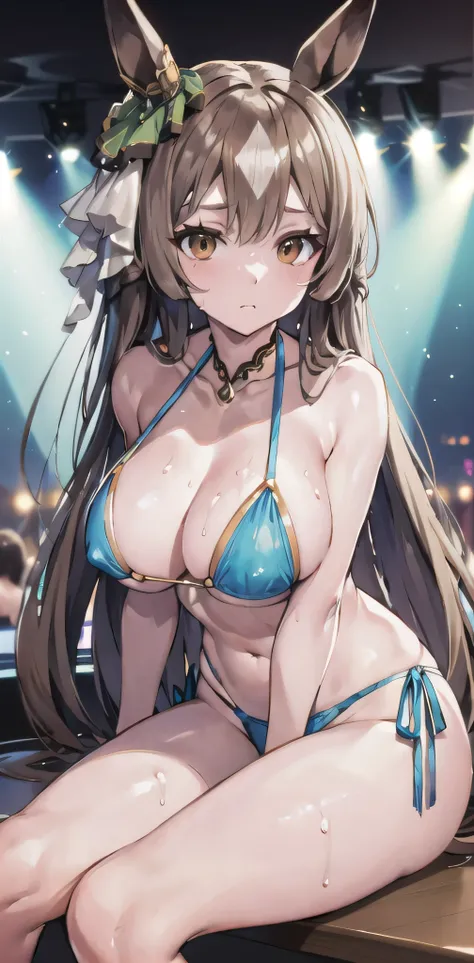 masterpiece, highest quality, close, Face shot,  (Umamusume),((Light blue metallic ultra micro bikini))、Mansuji、See-through nipples、Sweat、sit、Leg spread、(Grown body、Large Breasts)、Outdoor、Nightclub、Lewd face、Facing forward