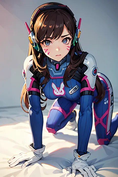 1girl, on all fours pose, aahana, hana, dva, long hair, brown hair, headphones, whisker markings, shoulder pads, blue bodysuit, ...