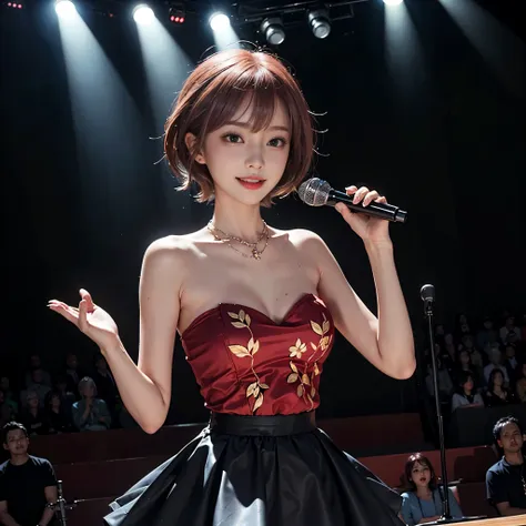 (1 sexy woman, solo, red hair, short hair, bungs, japanese idol, gorgeous, idol_singing_costume, skirt:1.4), idols put on singin...