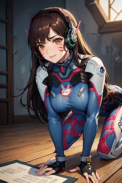 1girl, On all fours pose, aahana, hana, dva, long hair, brown hair, headphones, whisker markings, shoulder pads, blue bodysuit, ribbed bodysuit, animal print, clothes writing, long sleeves, white gloves, ((detailed)), ((best quality)), ((masterpiece)), ext...