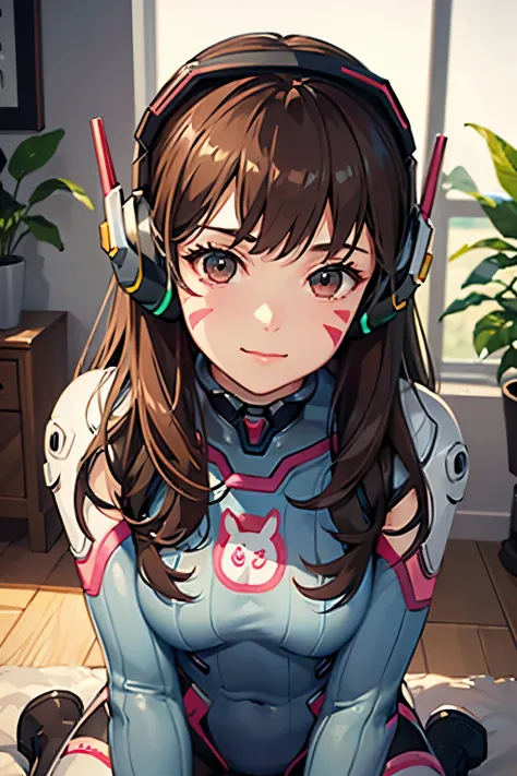 1girl, On all fours pose, aahana, hana, dva, long hair, brown hair, headphones, whisker markings, shoulder pads, blue bodysuit, ribbed bodysuit, animal print, clothes writing, long sleeves, white gloves, ((detailed)), ((best quality)), ((masterpiece)), ext...