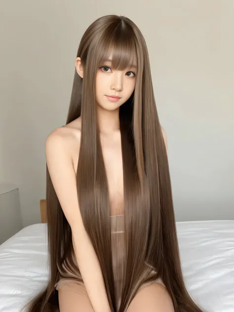 (Upper body shot of a woman making random sexy poses on a white bed)　((Beautiful 24 year old hair model with long light brown hair　fell straight down!!!　Reaches up to the kneeVery long hair　highest quality　Highest detail　Reaches up to the knee、Very long ha...