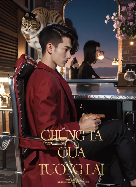 night street view,handsome male,25yo,red coat,carry a cat on his shoulder ,eating BBQ,back street, university student,
a stylish magazine cover photo featuring an elegant and confident city handsome man wearing high-end fashion,with the citys dazzling ligh...