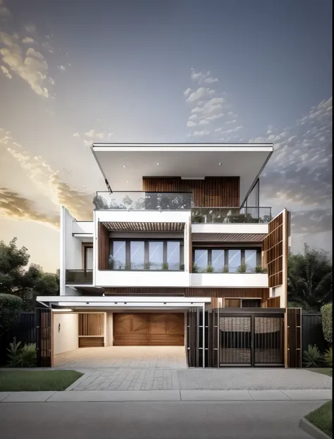 arafed maison moderne with a large balcony and a brick driveway, maison contemporaine, large modern residence, chef d'well designed work, vue de face, maison moderne, exterior wide angle 2023, architecture contemporaine, archaic, un plan lointain de fa...