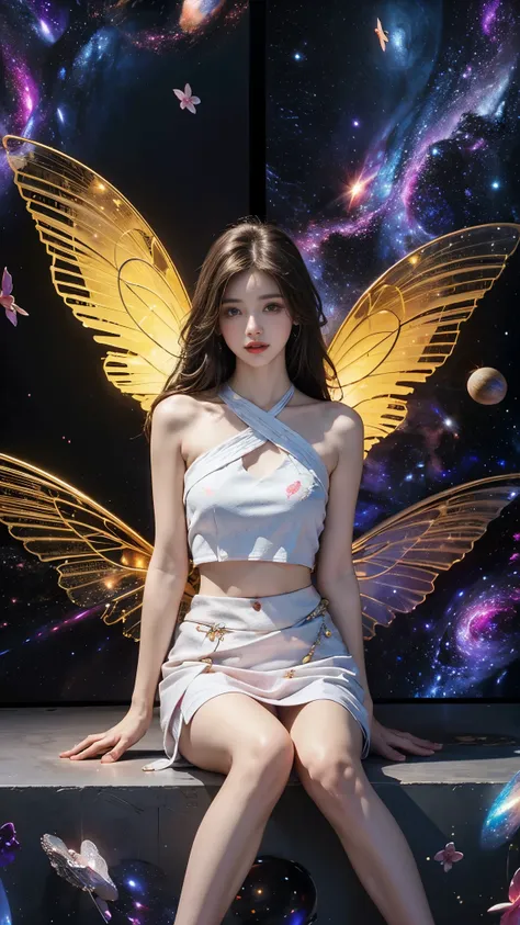 1girl，short skirt，Two piece fashionable outfit, Bare shoulders, short hemlines, 4k ultra hd, masterpiece, a girl, good face, detailed eyes, detailed lips, flower fairy girl, big wings, transparent wings, neon lights, (galaxy background:1.5), in the heaven,...